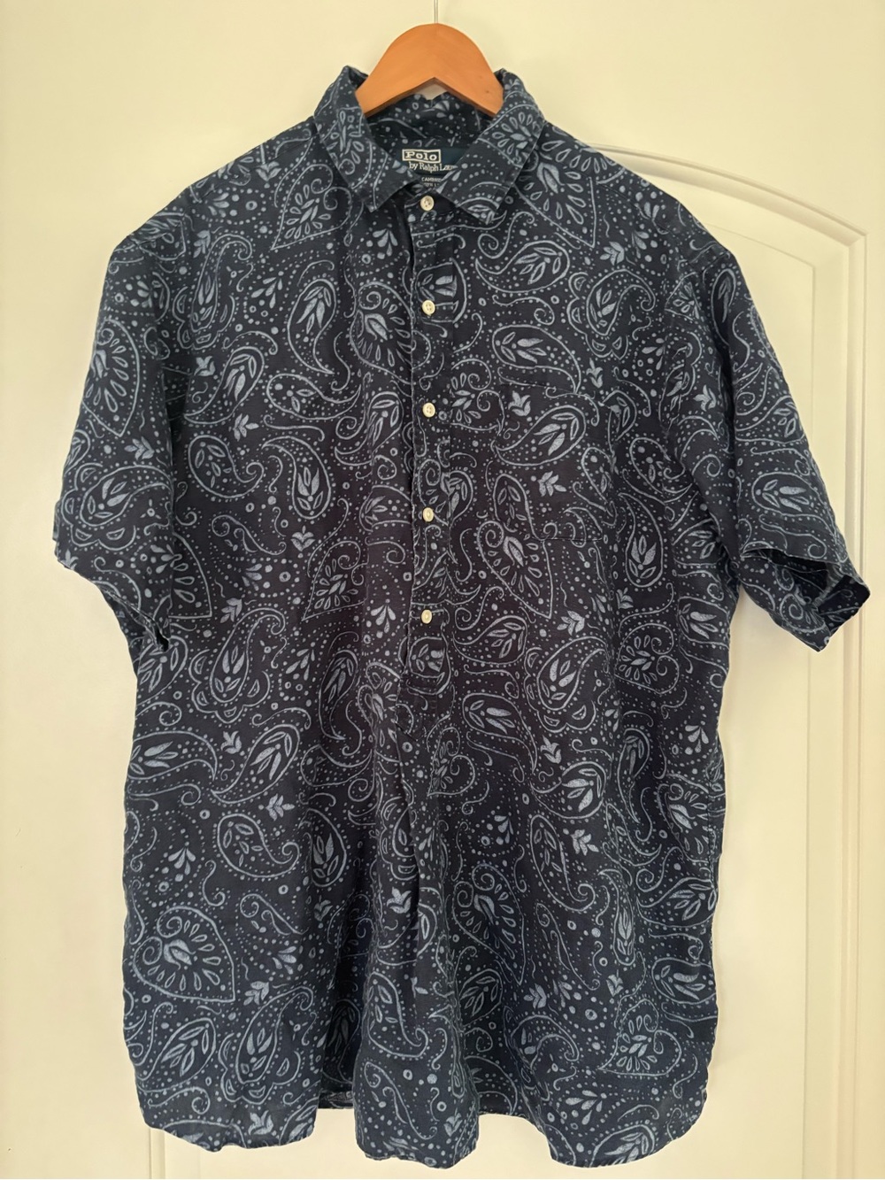 VTG 90s Polo Ralph Lauren "Cambridge" Linen Paisley Pullover Shirt Navy Mens XL
